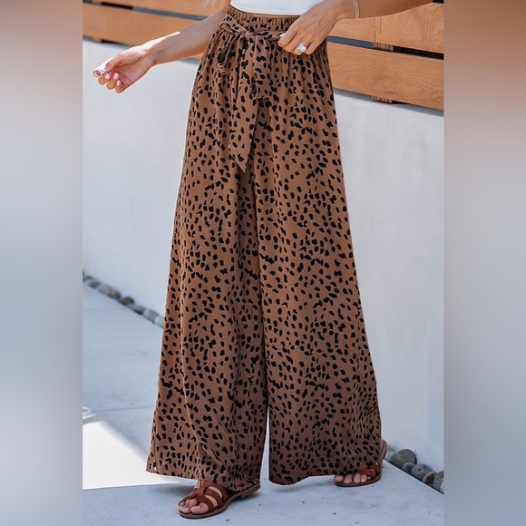 Cupshe Belted Cheetah Print Wide Leg Pants - Picture 1 of 7